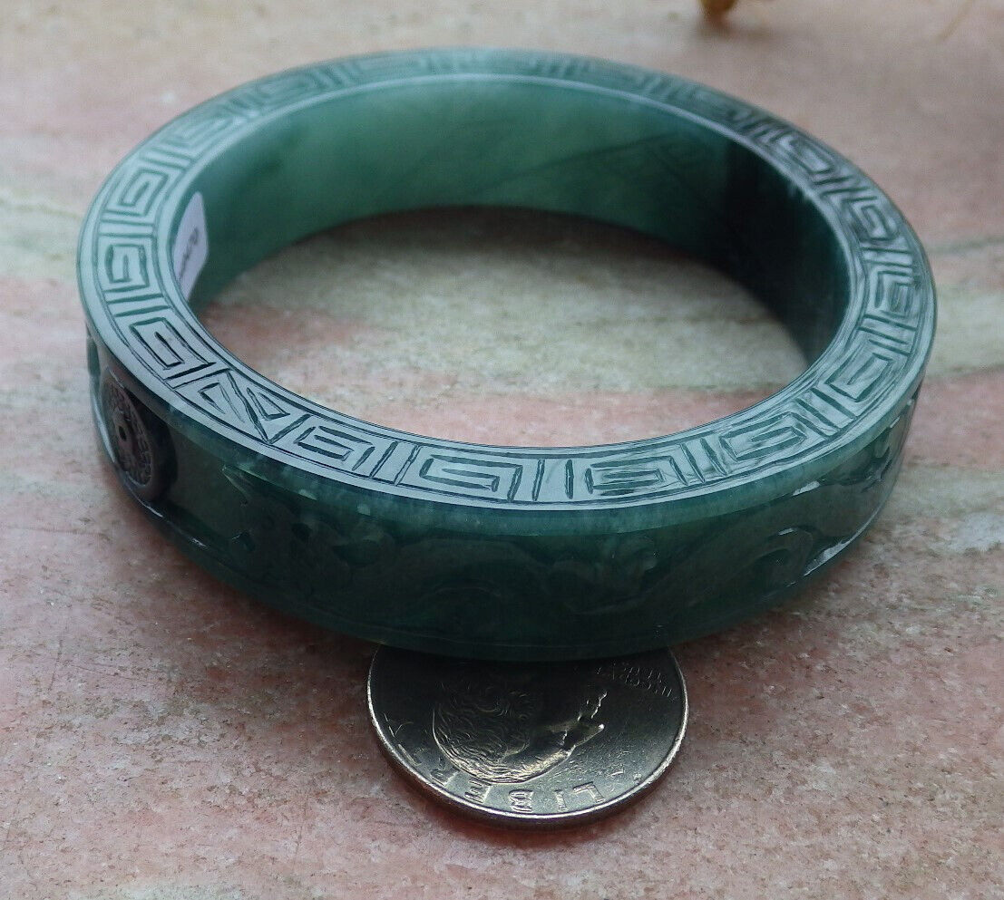 Certified Icy Green Burma 100% Natural A JADE Jadeite Dragon Phoenix Bangle Bracelet 58 mm 手镯 636336  TN
