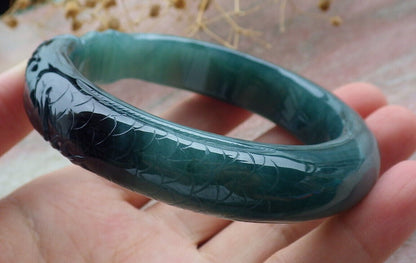 Certified Icy Green Burma 100% Natural A JADE Jadeite Fish Bangle Bracelet 60 mm 手镯 636582  TN