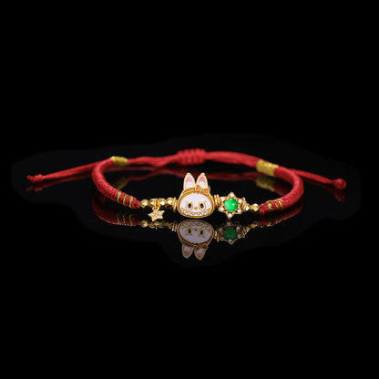 S925 Silver labubu with Natural jade hand woven rope（Adjustable length）