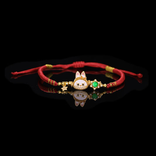 S925 Silver labubu with Natural jade hand woven rope（Adjustable length）