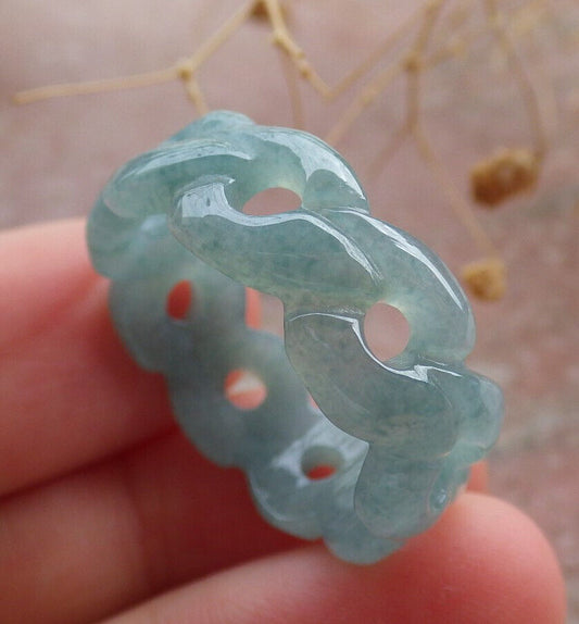 Certified Icy Green Burma 100% Natural A JADE Jadeite Knotted RING USA. 10.25 戒指 636173  TN