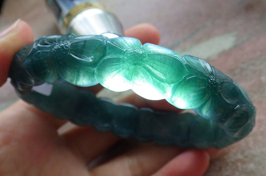 Certified Icy Blue Water Green Burma 100% Natural A JADE Jadeite Flower Bangle Bracelet 64 mm 635331  TN