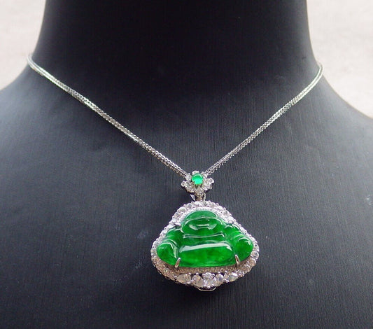 Icy Green Silver 925 Certified Burma 100% Natural A JADE Jadeite pendant Happy Buddha God Necklace 佛公 635238  TN