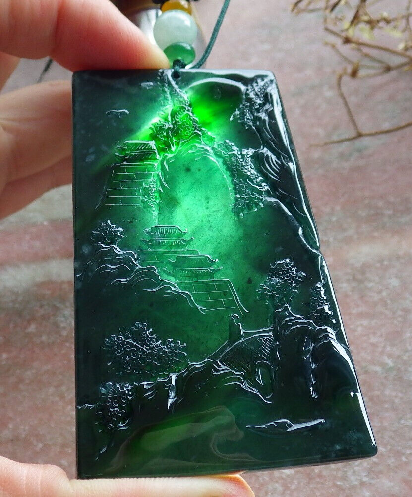 Atestita Glacia Blua Akvo Birmo 100% Natura A Jadejadeito Pendilo Pejzaĝa Pentrado Arba Koliero 山水画 634462 TN