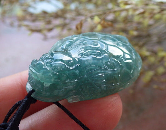 Certified Icy Green Burma 100% Natural A Jade jadeite Pendant Dragon Turtle Money Coin Necklace 龙龟 574784 TN