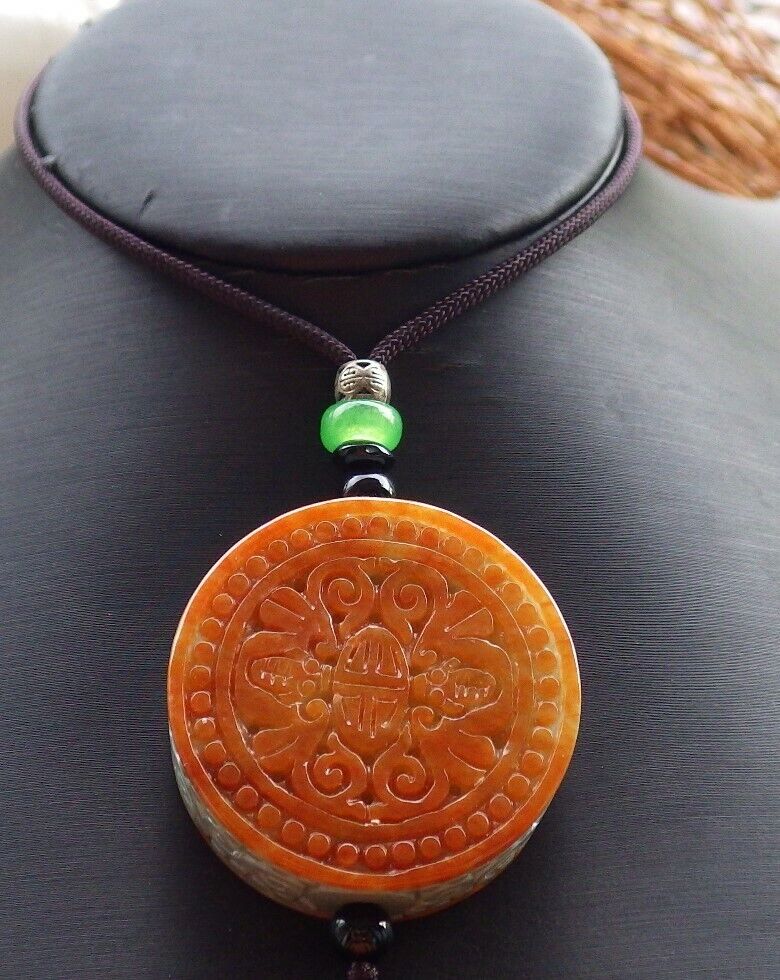 Certified Red Green 100% Natural A Jade jadeite Pendant Bat Longevity Ruyi Necklace 蝙蝠 523421  TN