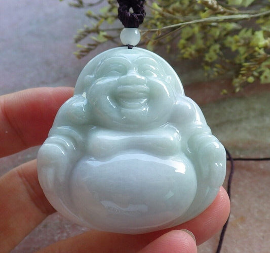 Certified Green Pale Lavender Burma 100% Natural A Jade jadeite pendant Happy Buddha God Necklace 开心佛 574390 TN