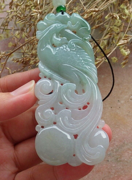 Certified Icy Green Burma 100% Natural A Jade jadeite Pendant Phoenix Frog Toad Ruyi Necklace 凤凰 575148 TN