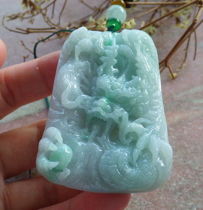 Certified Green Burma 100% Natural A Jade jadeite Pendant Dragon Bead Necklace 生意兴隆 633799  TN