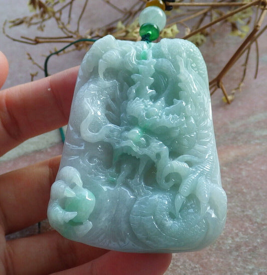 Certified Green Burma 100% Natural A Jade jadeite Pendant Dragon Bead Necklace 生意兴隆 633799  TN