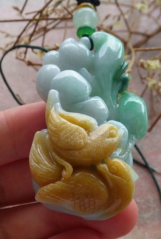 Certified Yellow Green Burma 100% Natural A Jade jadeite Pendant Phoenix Bird Ruyi Gourd Necklace 634419  TN
