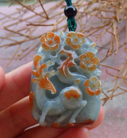 Certified Red Green 100% Natural A Jade jadeite Pendant Deer Flower Necklace 梅花鹿 526381  TN