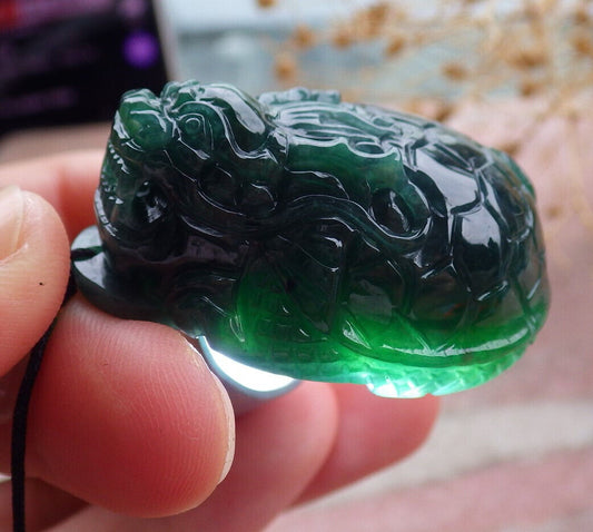 Certified Icy Green Burma 100% Natural A Jade jadeite Pendant Dragon Turtle Money Coin Necklace 龙龟 636081  TN