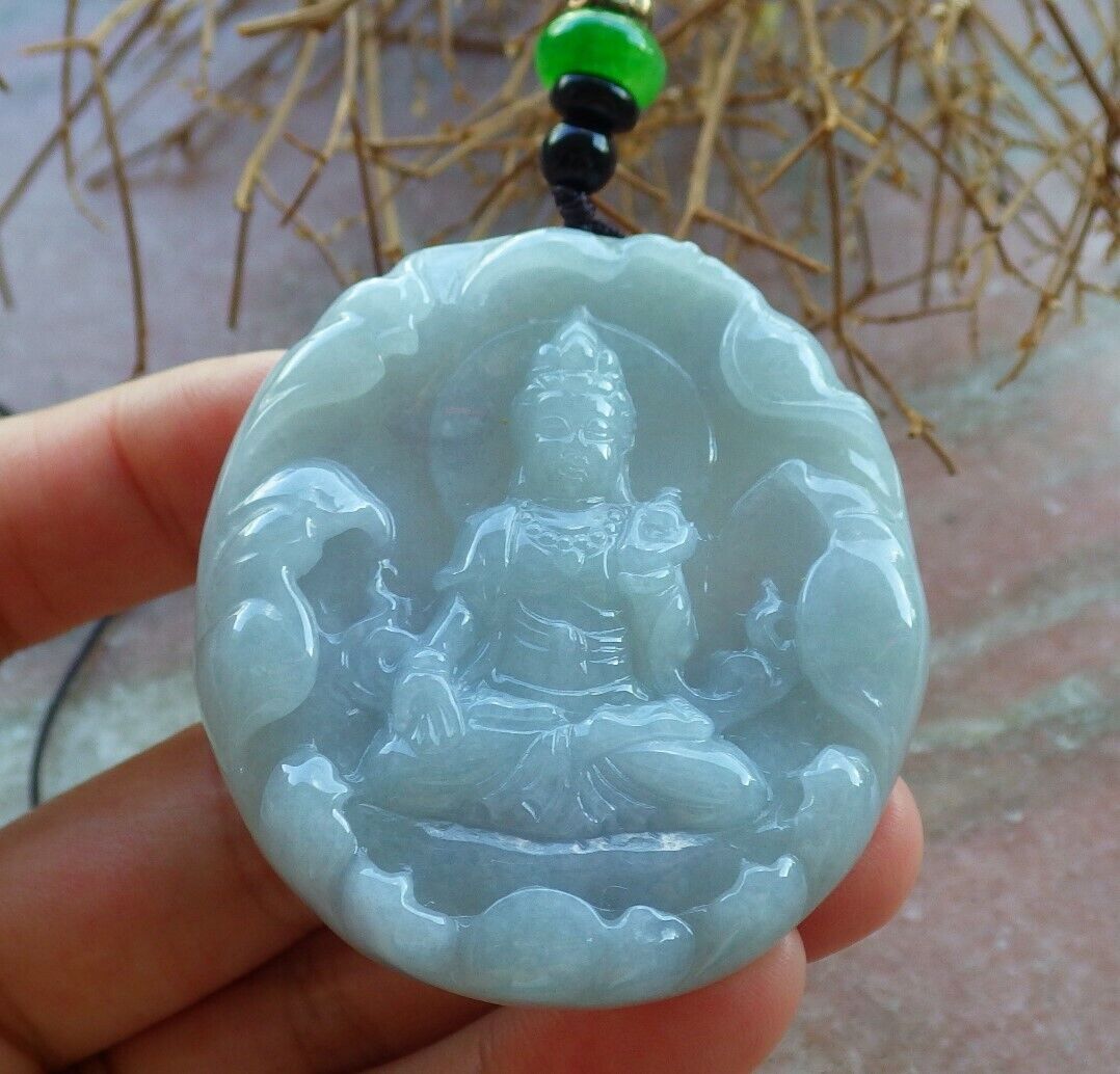 Certified Green Pale Lavender 100% Natural A Jade jadeite pendant Guanyin Kwan Yin Lotus Flower Necklace 观音 523698  TN