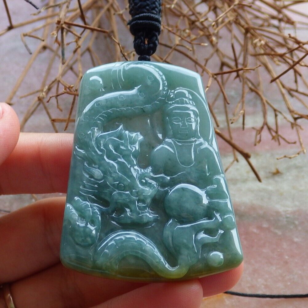 Certified Green Yellow 100% Natural A Jade jadeite Pendant Guanyin Kwan Yin Dragon Necklace 观音 528806  TN