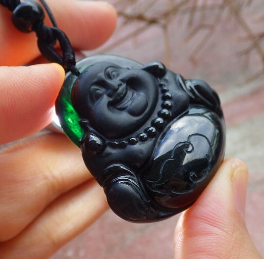 Certified Black Green 100% Natural A Jade jadeite pendant Happy Buddha God Necklace 墨翠 佛公 528946  TN