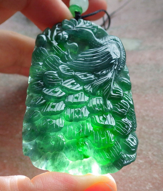 Certified Icy Green Burma 100% Natural A Jade jadeite Pendant Peacock Phoenix Necklace 孔雀 凤凰 633490  TN