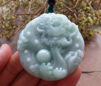 Certified Green 100% Natural A Jade jadeite pendant Dragon Lotus Flower Ruyi Bead Necklace 生意兴隆 523934  TN