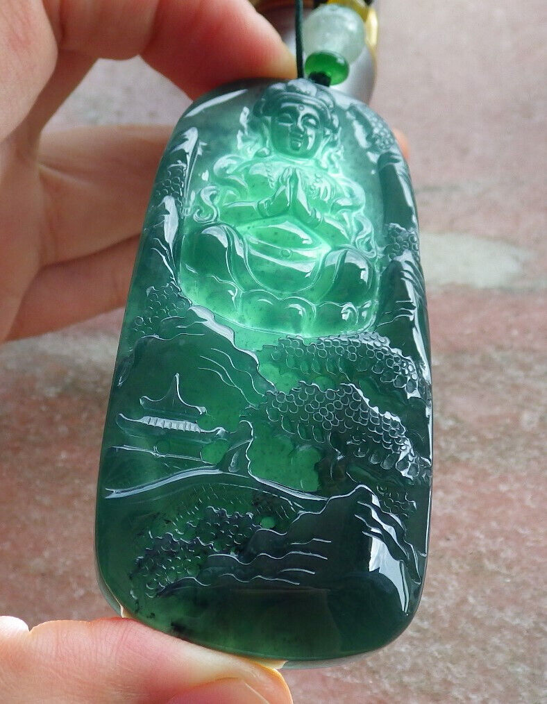 Atestita Glacia Blua Akvo Birmo 100% Natura A Jadejadeito Pengante Pejzaĝa pentraĵo Guanyin Kwan Yin Arba Koliero 山水画 634395 TN