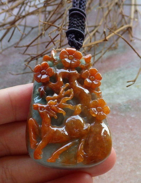 Certified Red Green 100% Natural A Jade jadeite Pendant Deer Flower Necklace 梅花鹿 529224  TN