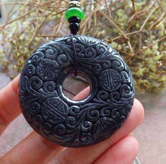 Certified Black 100% Natural A Jade jadeite pendant Longevity Lotus Flower Ruyi Circle Necklace 花平安扣 523920  TN