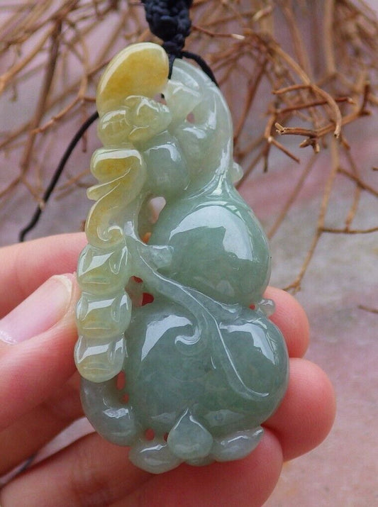 Certified Yellow Green 100% Natural A Jade jadeite Pendant Bat Gourd Lotus Flower Ruyi Necklace 蝙蝠 528172  TN