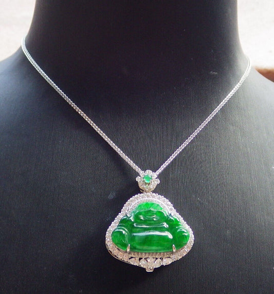Icy Green Silver 925 Certified Burma 100% Natural A JADE Jadeite pendant Happy Buddha God Necklace 佛公 635186  TN