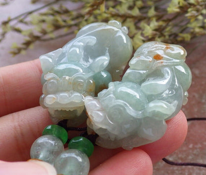 Pair Certified Green Red Burma 100% Natural A Jade jadeite Pendant Dragon Pi Xiu Money Coin Necklace 风水貔貅 573983 TN