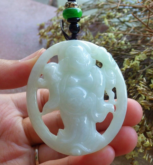 Certified Green 100% Natural A Jade jadeite pendant Happy Buddha God Ruyi Necklace 开心佛 523984  TN