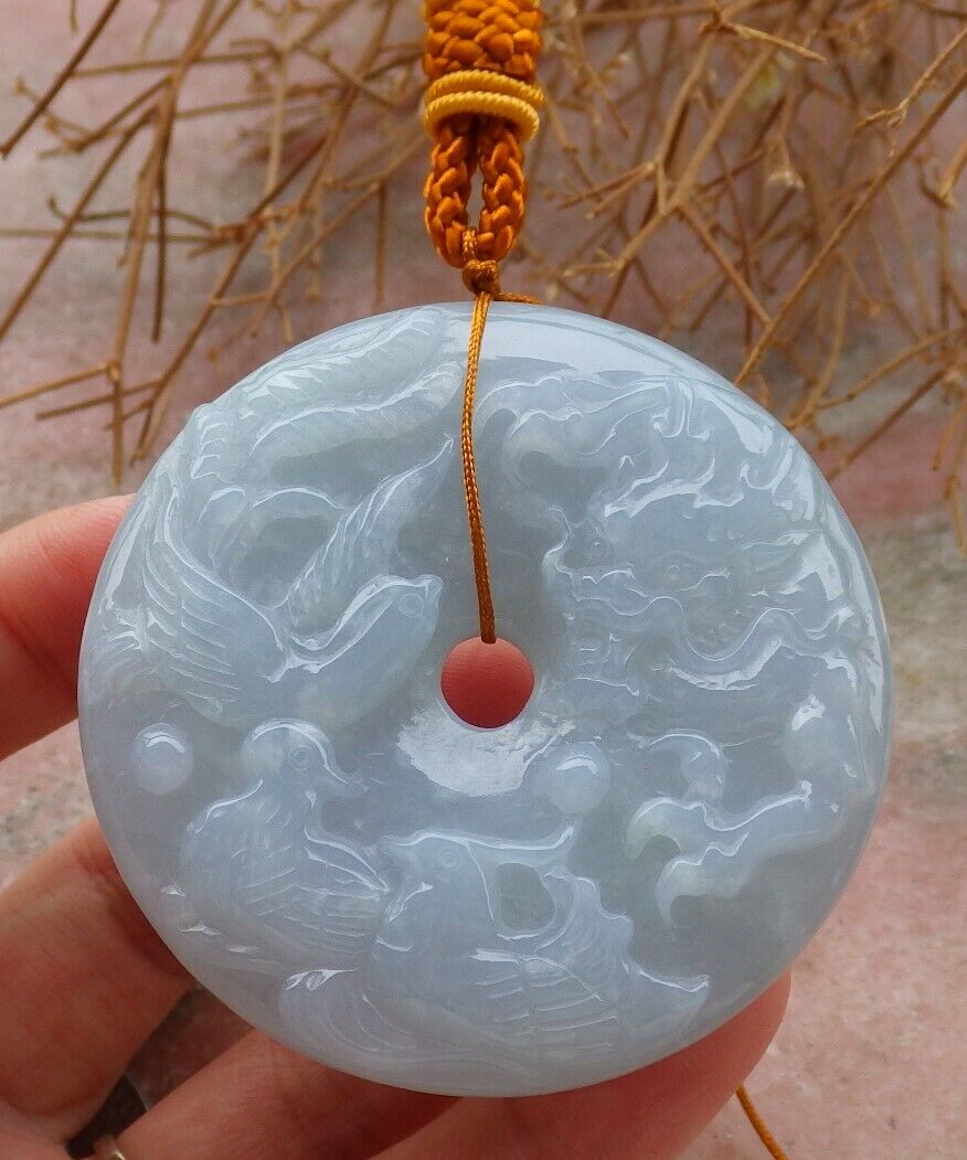 Certified Pale Green Lavender 100% Natural A Jade jadeite Dragon Phoenix 5 Bat Necklace 五福龙凤 519611  TN