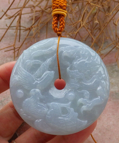 Certified Pale Green Lavender 100% Natural A Jade jadeite Dragon Phoenix 5 Bat Necklace 五福龙凤 519611  TN