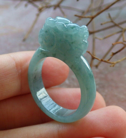Certified Icy Green 100% Natural A JADE Jadeite Dragon Pi Xiu RING USA. 9 风水貔貅戒指 530081  TN
