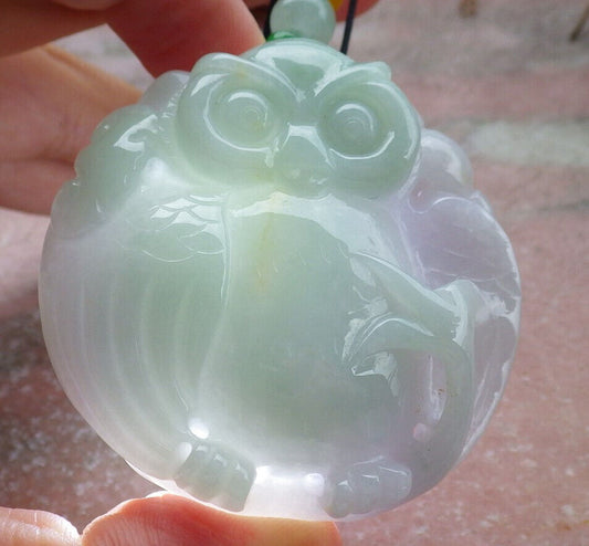 Certified Green Pale Lavender Burma 100% Natural A Jade jadeite Pendant Owl Ruyi Necklace 猫头鹰 632551 TN
