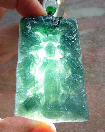 Certified Icy Green Burma 100% Natural A Jade jadeite Pendant Shakyamuni Buddha God 9 Dragon Necklace 释迦牟尼 633832  TN