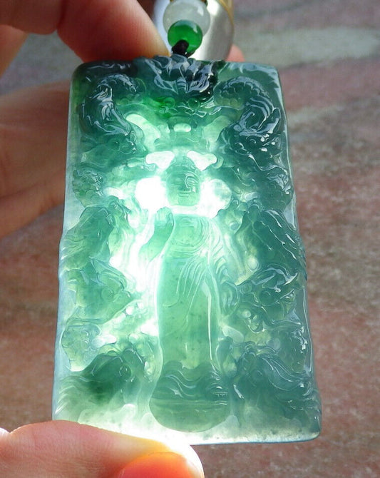 Certified Icy Green Burma 100% Natural A Jade jadeite Pendant Shakyamuni Buddha God 9 Dragon Necklace 释迦牟尼 633832  TN