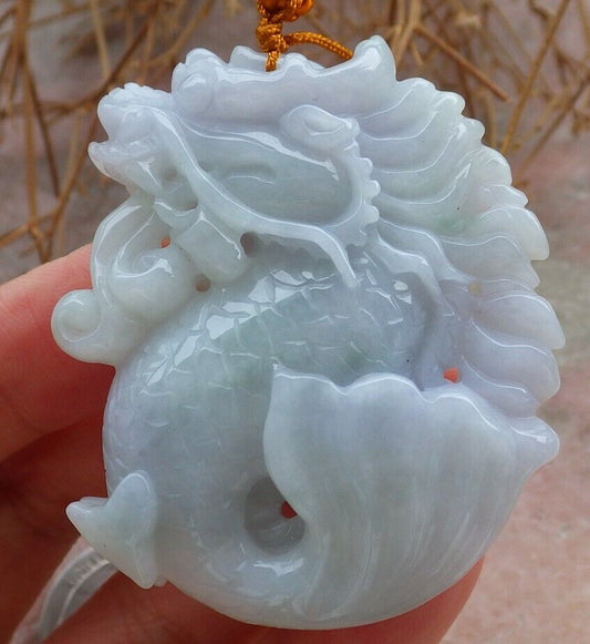 Certified Green Pale Lavender 100% Natural A Jade jadeite Pendant Dragon Fish Bead Money Coin Necklace 龙鱼 520364  TN