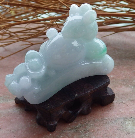 Certified Green Pale Lavender 100% Natural A Jade jadeite Display Mouse Rat Bat Yuan Bao Ruyi Money Coin Ruyi 发财鼠 520334  TN** Include woodstand **