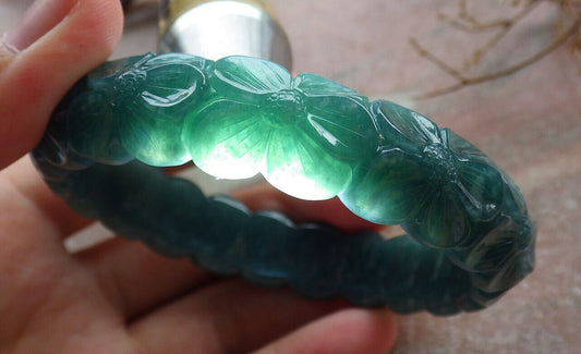 Certified Icy Green Burma 100% Natural A JADE Jadeite Flower Bangle Bracelet 60 mm 635415  AS