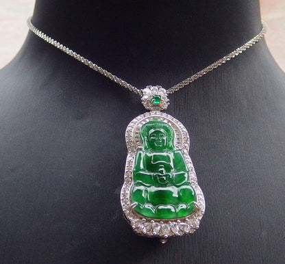 Sterling Silver 925 Certified Icy Green Burma 100% Natural A JADE Jadeite pendant Guanyin Kwan Yin Lotus Flower Necklace 观音 636112  TN
