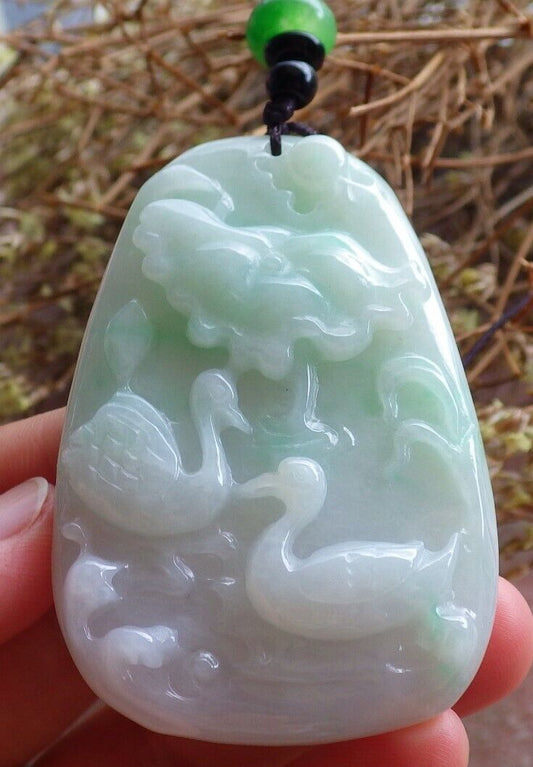 Certified Green 100% Natural A Jade jadeite Pendant Mandarin Duck Phoenix Lotus Leaf Necklace 鸳鸯 524651  TN
