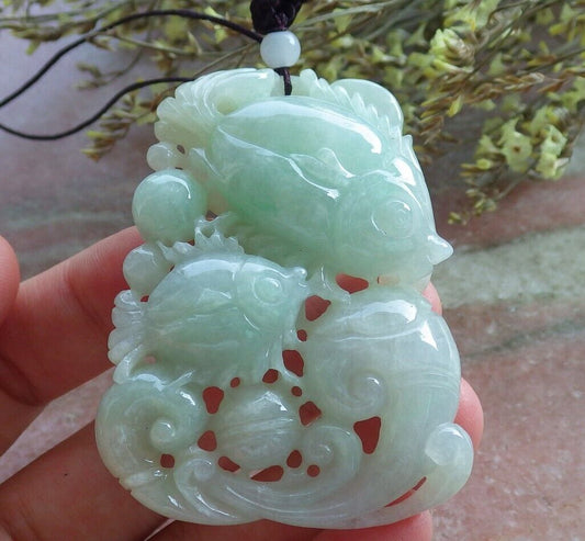 Certified Green Burma 100% Natural A Jade jadeite Pendant Fish Coin Ruyi Necklace 年年有余 574209 TN
