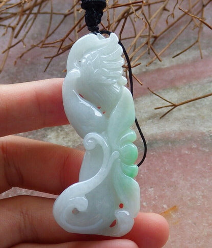 Certified Green 100% Natural A Jade jadeite Pendant Phoenix Lotus Flower Necklace 凤凰 528814  TN