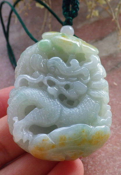 Certified Yellow Green Burma 100% Natural A Jade jadeite Pendant Dragon Ruyi Bead Necklace 生意兴隆 646776 TN