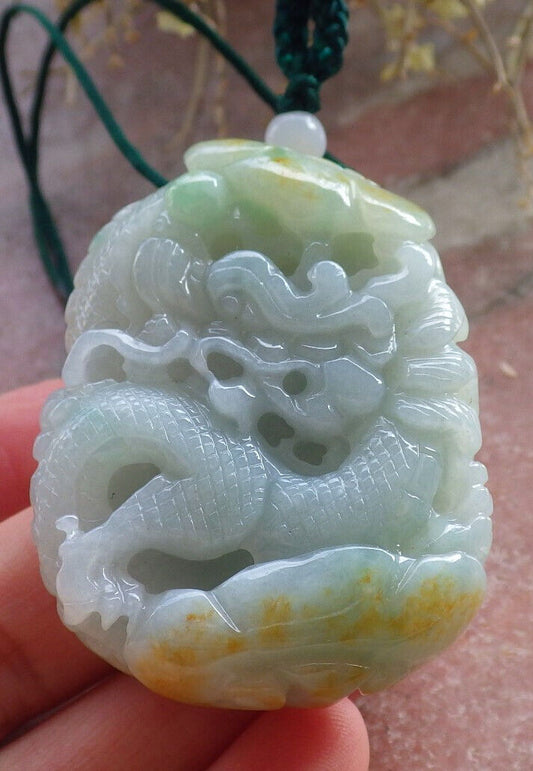 Certified Yellow Green Burma 100% Natural A Jade jadeite Pendant Dragon Ruyi Bead Necklace 生意兴隆 646776 TN