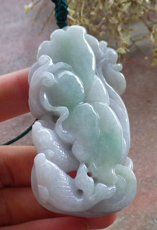Certified Green Pale Lavender Burma 100% Natural A Jade jadeite Pendant Fish Lotus Flower Leaf Necklace 年年有余 646744 TN
