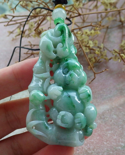 Certified Green Burma 100% Natural A Jade jadeite Pendant Panda Bamboo Ruyi Necklace 熊猫 633295  TN