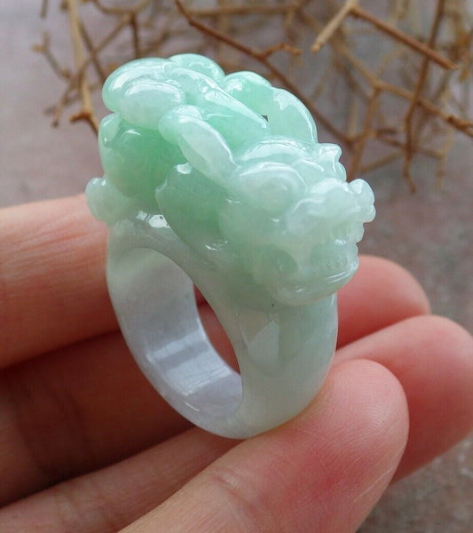 Certified Green Pale Lavender 100% Natural A JADE Jadeite Dragon Pi Xiu Lotus Flower Ruyi RING USA. 5.25 戒指 523568  TN