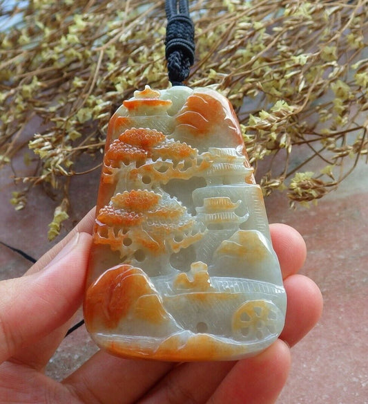 Certified Red 100% Natural A Jade jadeite Landscape painting Tree Necklace 山水画 530026  TN