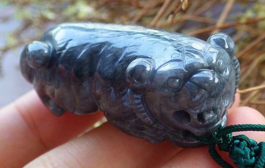 Certified Black 100% Natural A Jade jadeite pendant Tiger Necklace 虎虎生威 525462  TN