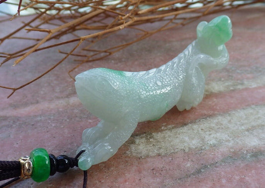 Certified Icy Green 100% Natural A Jade jadeite Pendant Dragon Lizard Lotus Flower Ruyi Necklace 龙蜥蜴 520903  TN